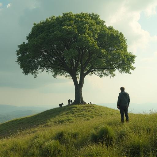 Image of a large tree with square apples. A person observes the tree with a look of incredulity. The surrounding landscape is green and hilly, creating a contrast between nature and the surreal concept of square apples.