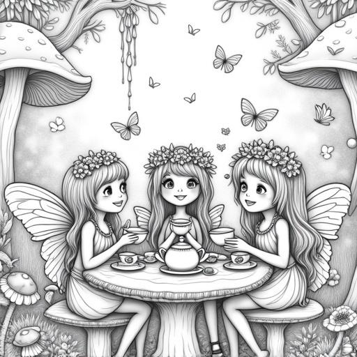 Charming and whimsical black and white line art detailed fantasy coloring book page featuring three delightful young fairies with delicate butterfly wings and flower-adorned hats. They gather around a mushroom-shaped table enjoying a tea party. They hold teacups and a teapot with treats on the table. The backdrop features an enchanted forest with oversized mushrooms flowers hanging lanterns and whimsical trees. Butterflies flutter around. Clean flowing lines joyfully presented.
