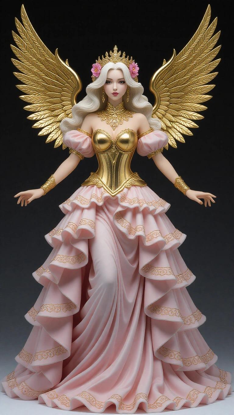 Resin figure of a goddess. Woman with long, wavy, golden-white hair. Dressed in a luxurious powder pink gown with many layers. Adorned with gold details. She wears a gold metallic corset and a gold iron choker. Large, solid golden wings. Pose is majestic with arms held back. Flower crown and powerful expression.
