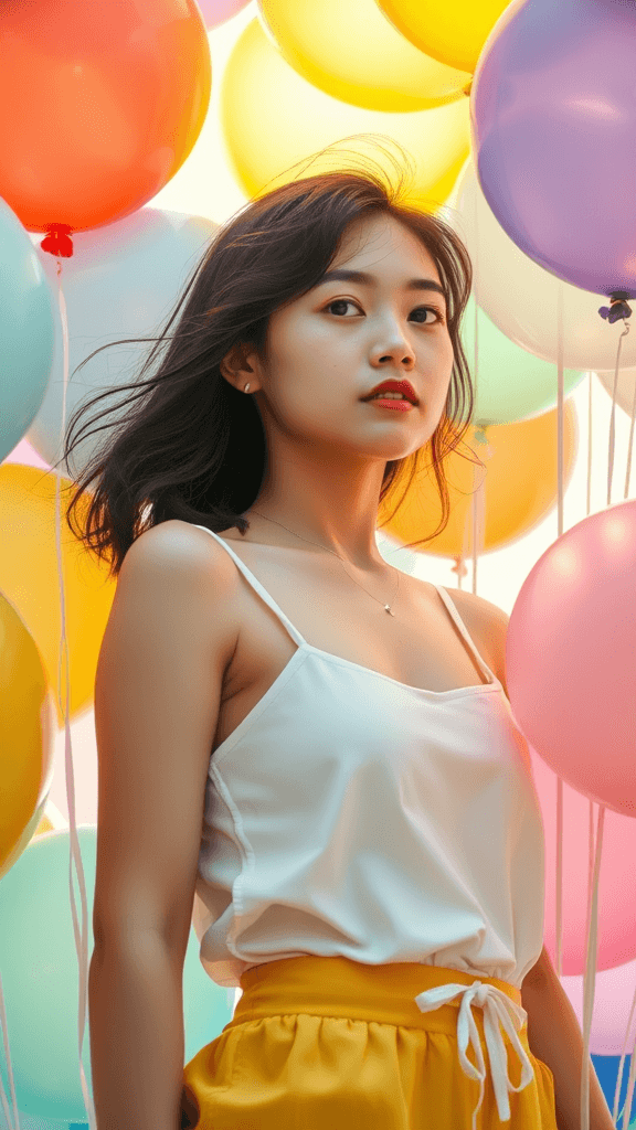 A young woman stands surrounded by colorful balloons, captured in a bright and lively atmosphere.