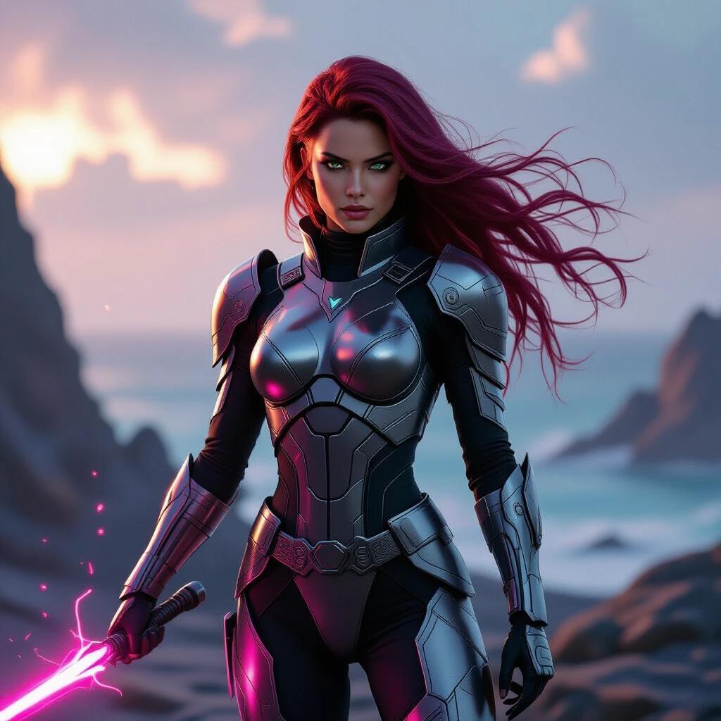 Character in futuristic metallic armor stands confidently. Armor has sleek lines reflective surfaces. Background features soft hues and ethereal light. Rocky terrain fades into blurred ocean. Energy beams in pink color emanate from hand. Hair is long flowing red evoking strength. Overall composition merges beauty with strength.