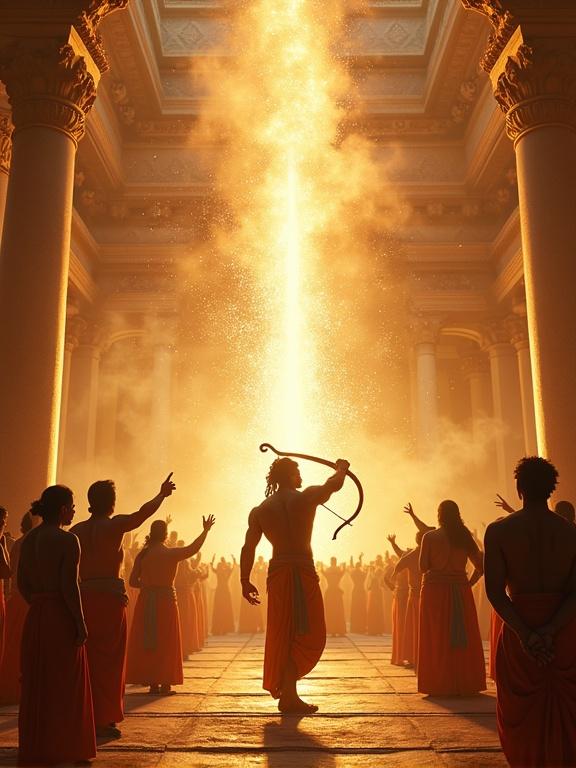 A grand palace court in Mithila with Lord Ram breaking the Shiv Dhanush. Divine energy radiates from him with a burst of light and sound. Royal spectators in traditional attire look on in astonishment. King Janaka watches in awe amidst a golden glow and ancient architecture. Highly detailed scene with cinematic style.