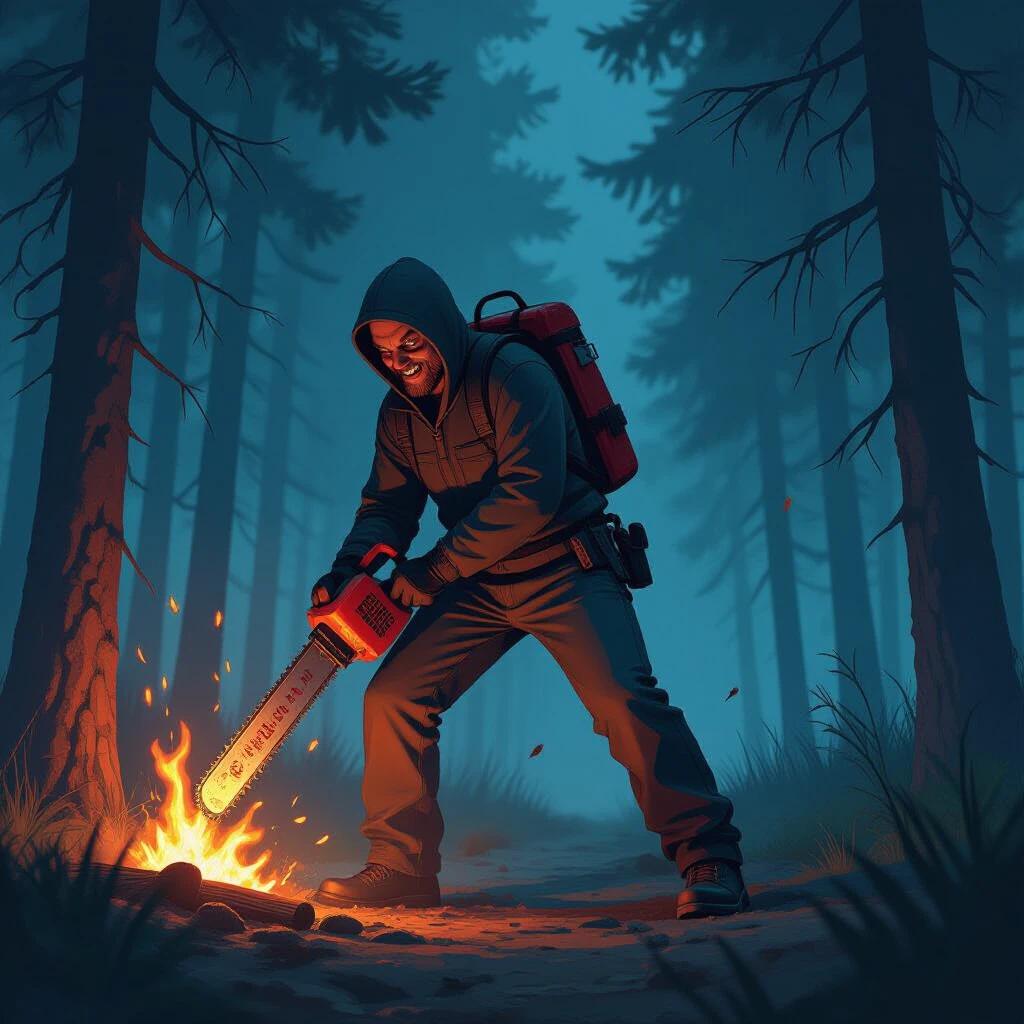 A cartoon-style maniac with a chainsaw chases a victim in a dark forest. The scene embodies a horror movie atmosphere with moody colors and dramatic lighting.