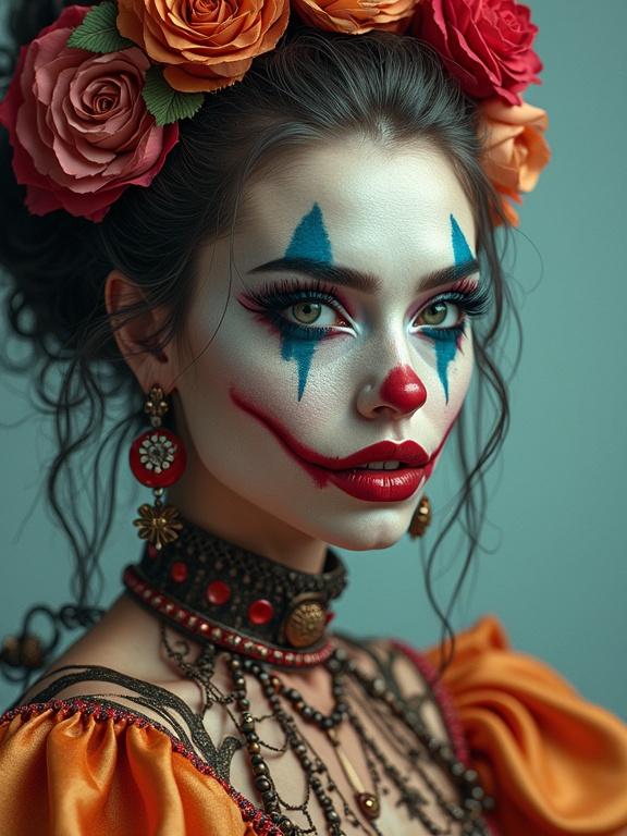 Digital portrait of a young woman with clown makeup and ornate clothing. Stylized features complemented by vibrant colors. Artistic blend of futuristic and detailed elements. Focused lighting enhances the look.