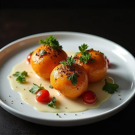 High quality food arranged on a white plate. Dark themed background with a black table.