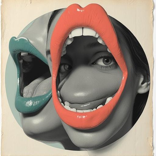 Art collage featuring large expressive human mouths. Different mouths exhibit various emotions. Colors include teal and coral on a wrinkled off-white background. Modern design with classic textures in a spiral layout.