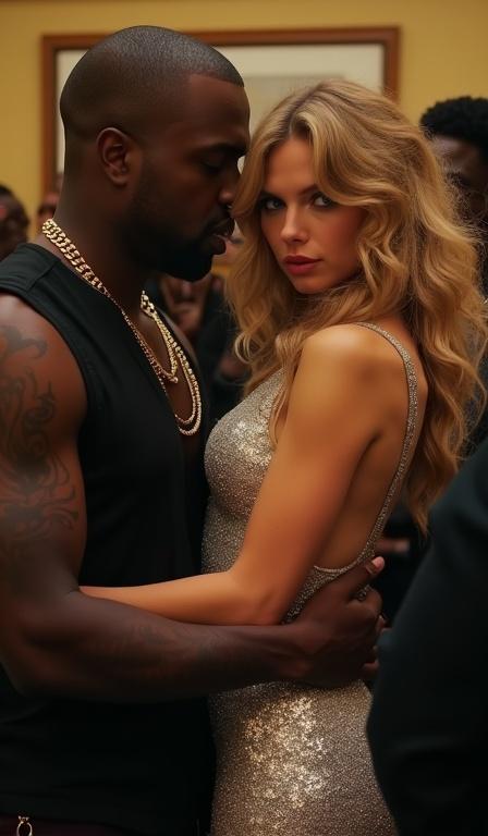 Scene shows two well-known celebrities in a crowded hotel room after an awards show. Male rapper holds a female celebrity closely. The female wears a sparkling silver dress. The male sports a black leather vest. Subjects appear intimate and inebriated. Crowded atmosphere hints at celebrity life.