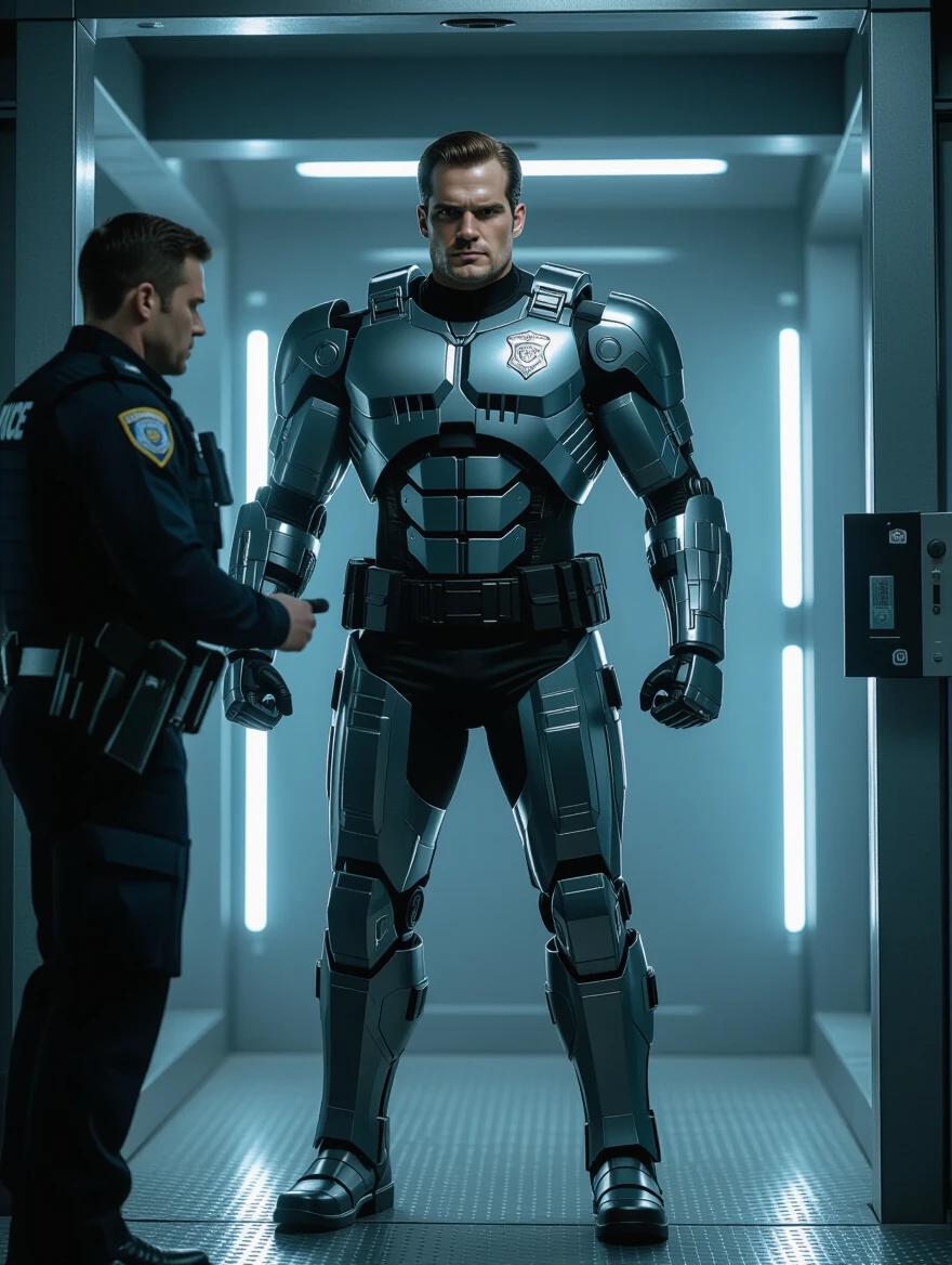 A police officer experiences a transformation in a futuristic conversion chamber into a RoboCop. The RoboCop has a massive muscular physique. The scene is live action and photographic with a focus on the armored figure.