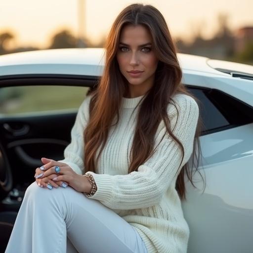 Young woman with long brown hair sits in a stylish white Lamborghini. She wears a white sweater and flared leggings. Light blue nails and a ring are showcased. The background is lit with golden light.