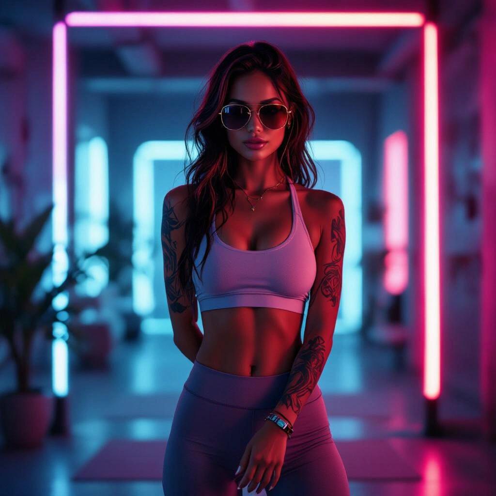Future scene with a cute tattooed woman. She wears a light halter top and yoga pants while standing with hands behind her back in a luxury dark neon room. Sunglasses add to her look. Raw photo captures vibrant neon lights.