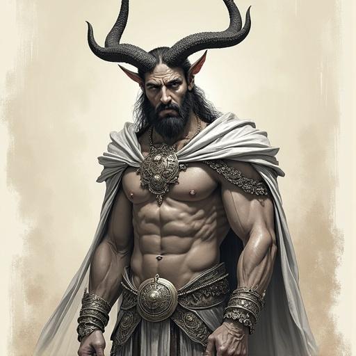 Dibujo de un hombre con cuernos, semidios, figura musculosa, mezcla de humano y bestia, atuendo heroico, entorno épico