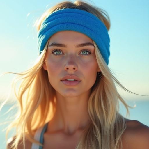 Portrait of a young woman with long blonde hair and blue eyes. She wears a blue headband. The sky has a soft gradient. The focus is on her face. She has a confident expression. The light is soft and warm. Her style is modern and fresh.