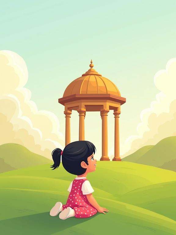 2D digital illustration of a little girl named Layla kneeling on green grass. She wears a pink polka-dotted dress and white shoes. A wooden structure with five pillars and a dome is in front of her. Background features green hills and a sky-blue backdrop with light clouds. Warm sunny glow adds a cheerful feeling. Wide space at the top for the Arabic story title.