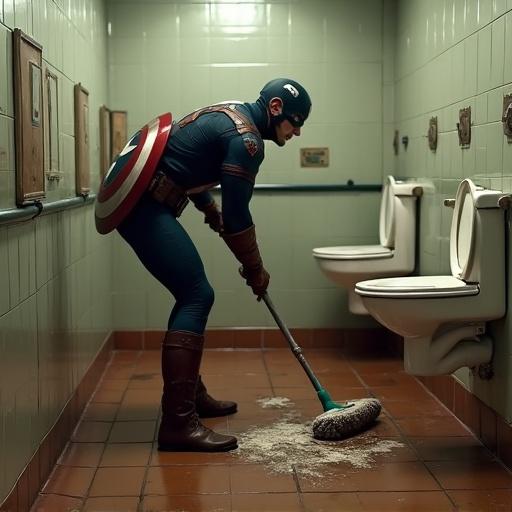 Captain America is cleaning a dirty public toilet filled with brownish liquid stains using a mop.