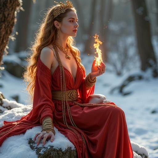 Mature female fire spirit sits gracefully on snow-covered rock in mystical forest. She faces slightly to the side with regal posture and slender figure in flowing crimson silk robe. The robe exposes one shoulder and drapes naturally. Long hair cascades in golden and amber flames. Ancient Greek-style golden tiara resembles a hearth. Intricate gold and amber jewelry with lantern motifs adorn her. A soft aura of flickering flames envelops her. One hand rests on the rock, the other holds a flickering flame. Expression is calm and warm. The scene is majestic and sacred. Fantasy art style, full body, high resolution.