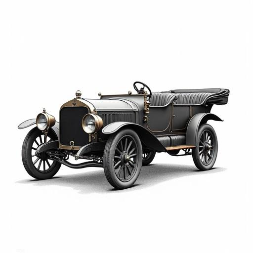 An image depicts an old convertible car with a prominent steering wheel and external controls. Upholstered seats enhance its classic look. The vehicle is well-maintained, set against a white background. The style is sharp and detailed.