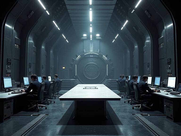 Image of a sci-fi command center featuring a dark, sleek interior. Displays multiple monitors and a bright strategy table. The space has low ceilings, dim lighting, and metallic elements. Military personnel in black uniforms are positioned around the room. The atmosphere is dark and atmospheric with textures and shadows.