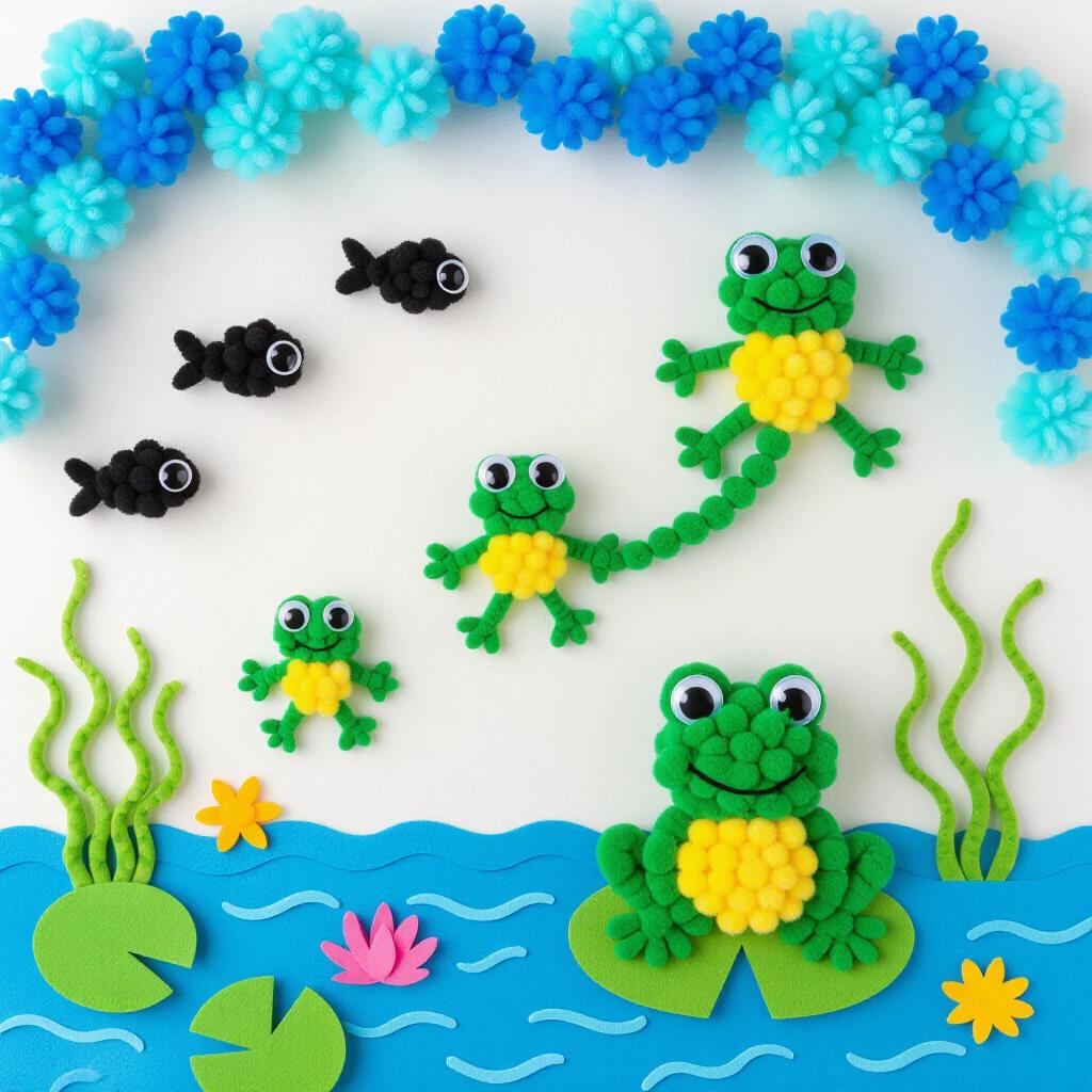 Delightful pom pom art showing the transformation of tadpole to frog. Composition begins with tadpole pom poms in water. Middle stages show legs and shrinking tail. Final frog has bright green body and yellow belly. Lily pad pom poms provide resting spots. Aquatic plants made from green pom pom strands. Pond environment uses blue pom poms. Natural colors include black tadpole and blue water. Soft lighting creates an underwater effect.