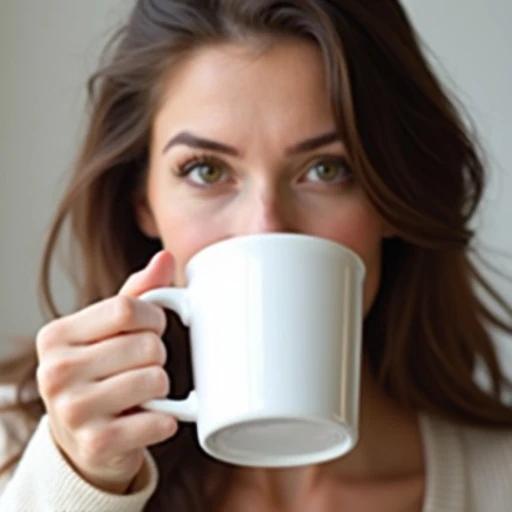 Attractive brunette woman drinks from rectangular plain white mug using right hand. Product mockup style with soft lighting and warm ambiance.