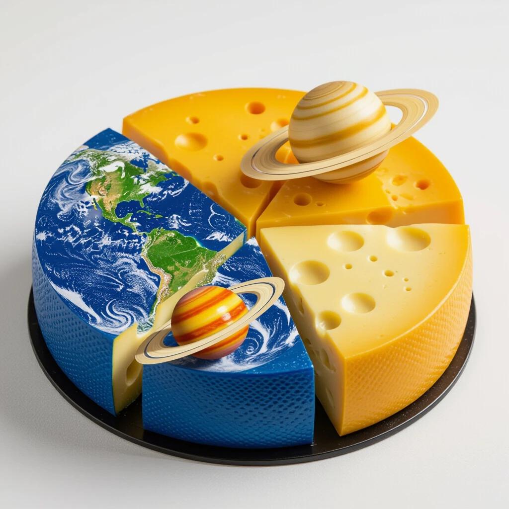 Fantastical representation of a cheese wheel with planetary motifs. Different cheese types symbolize orbits of planets. Earth in vibrant blue cheese. Mars in rich cheddar. Saturn in Swiss cheese with rings. Artistic space scene concept.