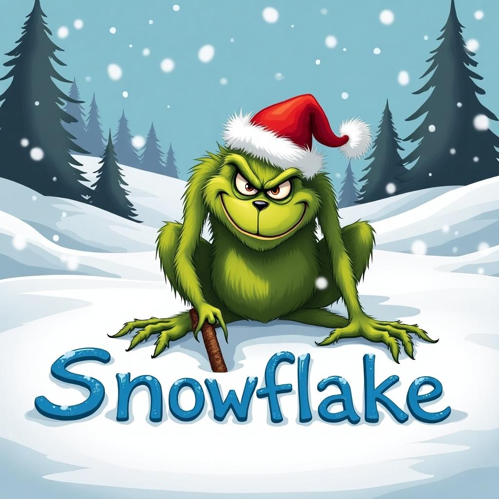 Whimsical winter scene featuring a grumpy green character crouched in snow writing 'Snowflake'. Character wears a Santa hat. Snowflakes fall around, with hills and pine trees in background.