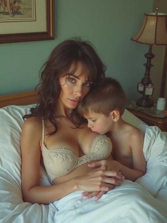 Beautiful woman in a bra and panties sitting on the side of a bed with a sick shirtless boy. The image appears pixelated and low-resolution with slight compression artifacts. Bright unnatural colors suggest early filter applications.