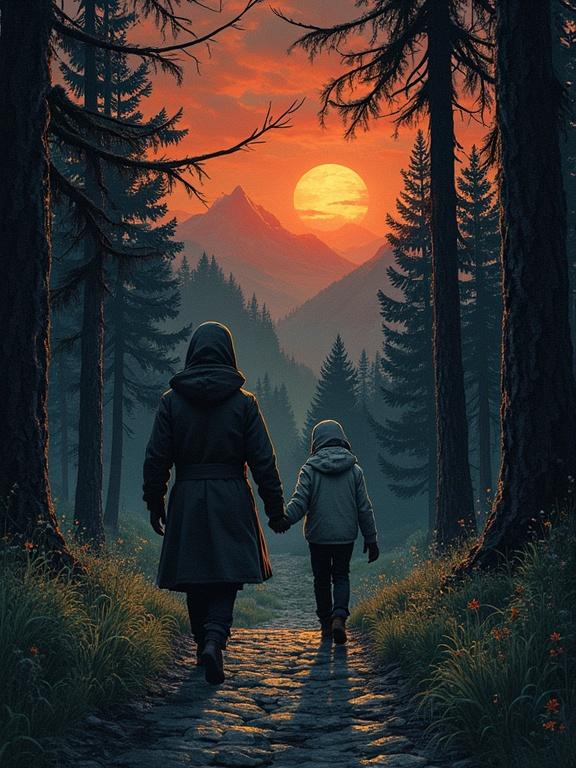 A serene scene depicting a parent and child walking hand in hand along a forest path during sunset. The background features mountains and tall trees under a vibrant sky.