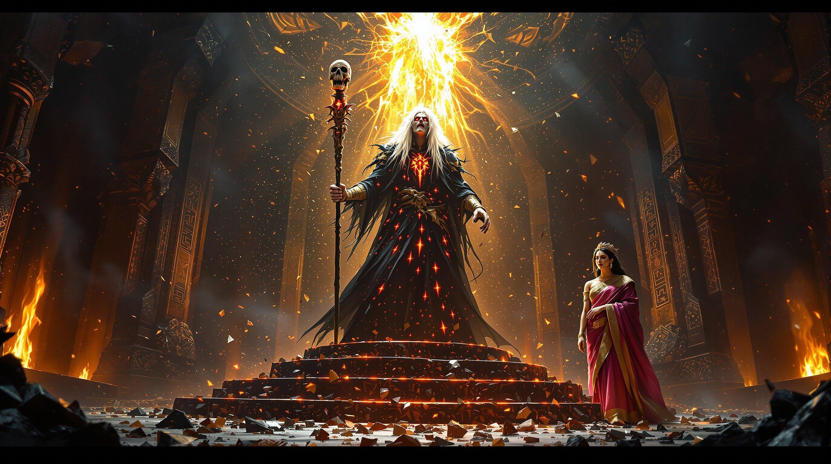 A very clear ultra HD image of a fantasy scene. Kaljayi the tantrik is weakened on a dais. He has wild white hair and glowing red eyes. His black robe looks tattered. Kaljayi holds a skull-topped staff. He shouts in disbelief. King Rudrasen in golden armor lowers a glowing sword. Queen Mriganjali stands beside him in a pink saree. The chamber transforms as darkness dissipates.