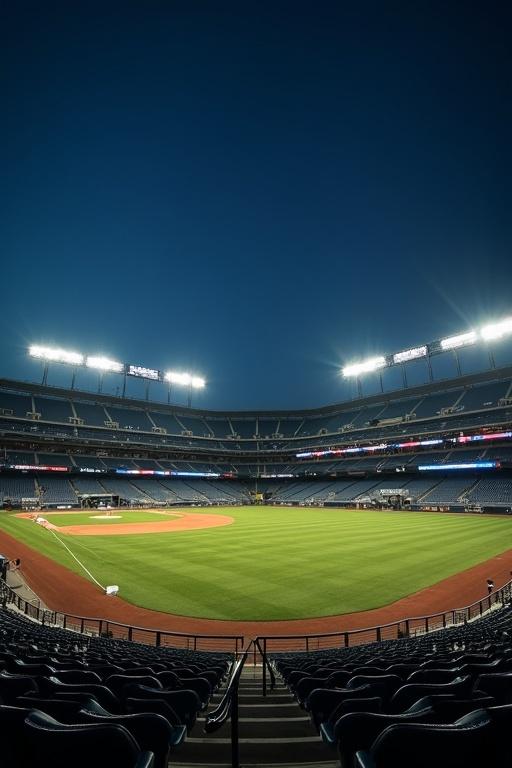 An empty baseball stadium is viewed at night from the field level. The grass field is well maintained. Stadium lights shine brightly against a dark sky. The seats are empty, and the atmosphere is calm. It captures the essence of baseball with expansive views of the field and seating.