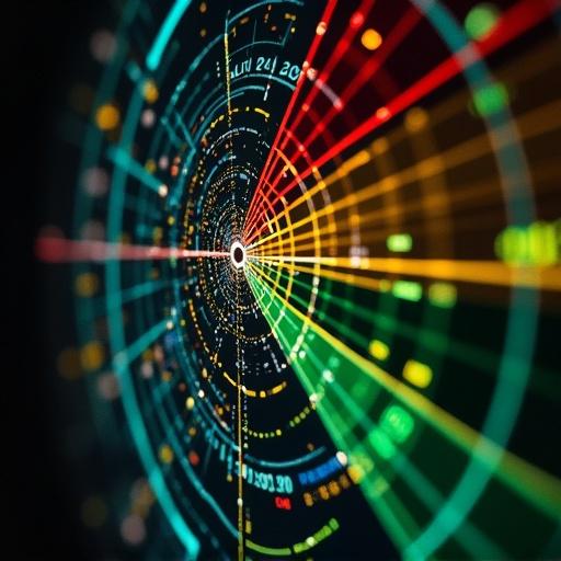 Close-up of an AI ethics monitor. Display shows zones of cosmic alignment risk. Features red, yellow, green zones. Includes mathematical formulas like ∫δS/δt · log(1/Φ).
