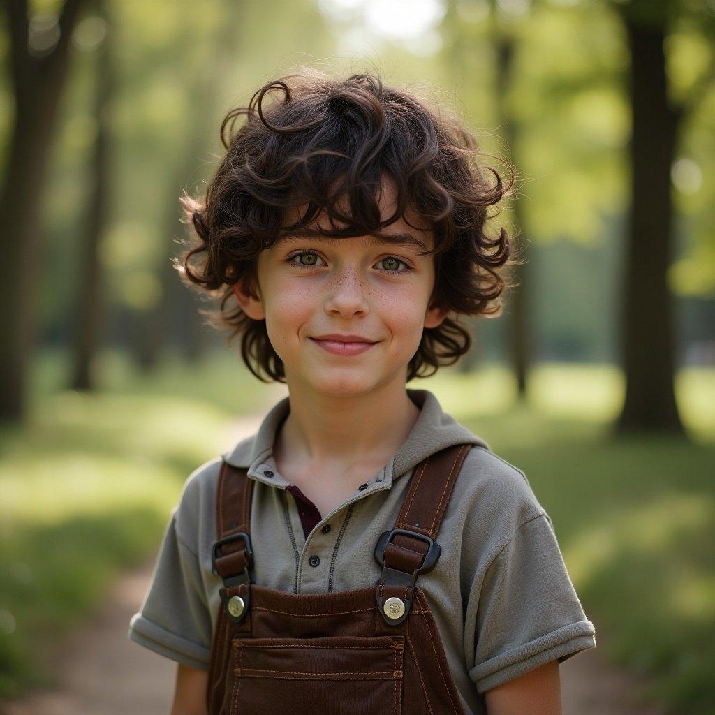 10 year old boy with dark brown hair wearing casual baggy clothes standing in a sunny park. Freckles on his face. Trees and soft light in the background.