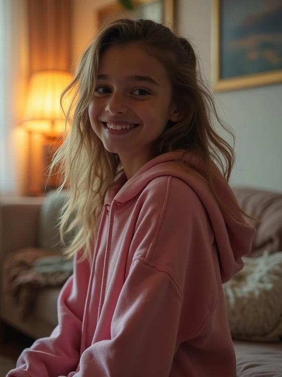 Full frame photo of a teenage girl in a living room. She wears a long pink hoodie. The girl adopts a shy pose with a flirty smile. Background features a cozy living room with warm lighting and soft furnishings. Image is of low resolution and pixelated with a soft focus.