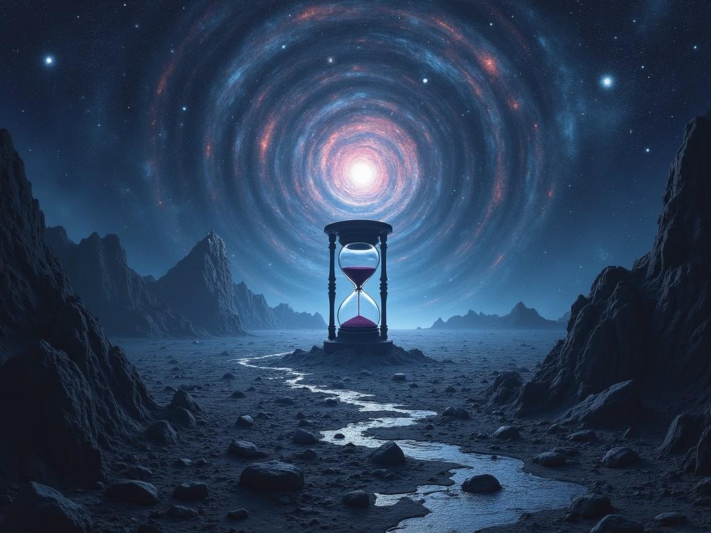 This surreal image depicts a giant hourglass standing on a barren, rocky landscape under a cosmic, swirling galaxy. The hourglass, with glowing sand, signifies the passage of time, while the galaxy in the background adds a celestial ambiance to the scene. This artwork evokes a sense of wonder and introspection about time and space.