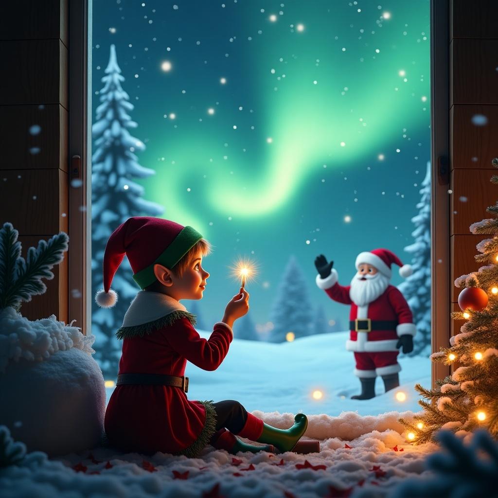 An elf character sits at a window during Christmas. The elf observes northern lights outside. The elf uses a wand to write 'magnus in the sky'. A Santa Claus appears in the background. The environment displays a winter wonderland with snow-covered trees and a glowing ambiance.