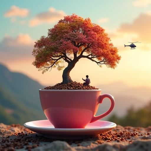 Image showcases a large pale pink coffee cup filled with soil. A lush tree grows from the soil. Colorful hot air balloons and a helicopter are in the imaginary sky above the cup. A small figure sits at the tree's base. The background features a blurred landscape with mountains and warm twilight colors. Coffee beans are scattered on the surface beneath the cup. Image is bright, colorful and whimsical, merging a everyday object with a miniature adventure world.