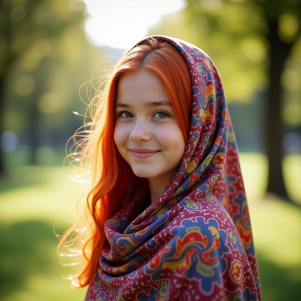 Portrait of a girl with red hair wearing a hijab. Surrounded by nature in soft lighting. Appears joyful and engaged.