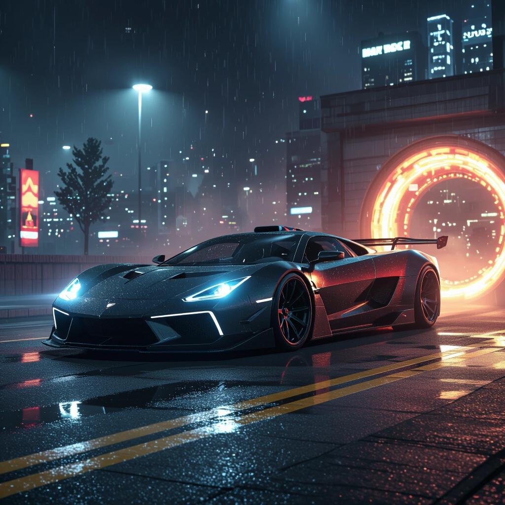 Dark epic scene featuring a low rider hypercar in a futuristic urban environment with neon lights. A digital portal appears in the background. Rain adds to the dramatic atmosphere.