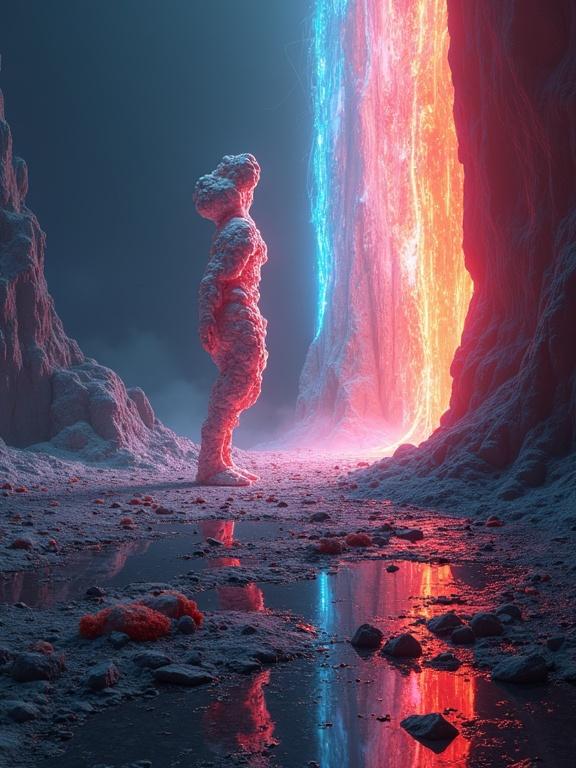 A photorealistic rendering of a surreal landscape. Abstract figures composed of light drift in a vast space filled with tiny, intricate objects. The scene is illuminated by dramatic, high-contrast lighting casting sharp shadows. Bright light sources create complex caustics patterns. A dolly zoom effect centers on the abstract forms, distorting the background perspective. Long exposure captures light trails and motion blur, enhancing movement. The color palette is vibrant with striking contrasts. Every detail is rendered with high precision in an ultra-detailed, 8K masterpiece.