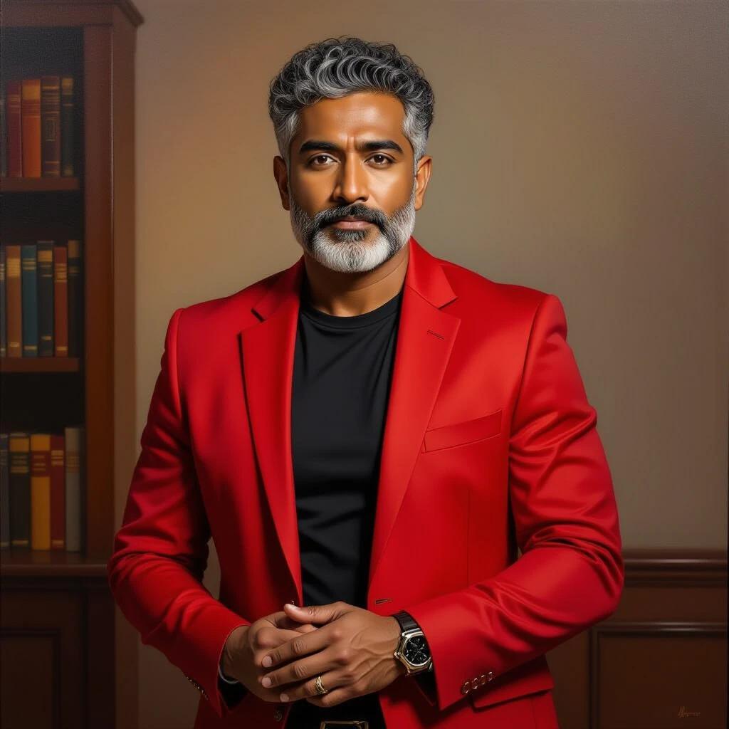 Oil painting showcasing a confident Indian man. Dark skin tone with slightly overweight build. Wears a bright red blazer over a black t-shirt, standing poised with hands clasped. Short curly gray hair with a matching full beard. Serious expression and direct gaze. Formal yet casual style with dark pants. Indoor setting features a bookshelf and warm lighting, highlighting realistic details. High-quality art in cinematic composition, 8k resolution.