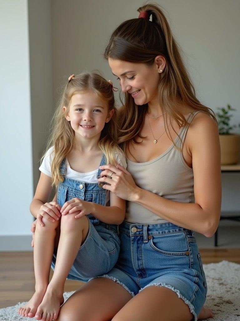 Mother sits comfortably on the floor. Daughter sits on mother's lap. Both wear denim outfits. Natural light brightens the room. A cozy and loving moment between mother and daughter.