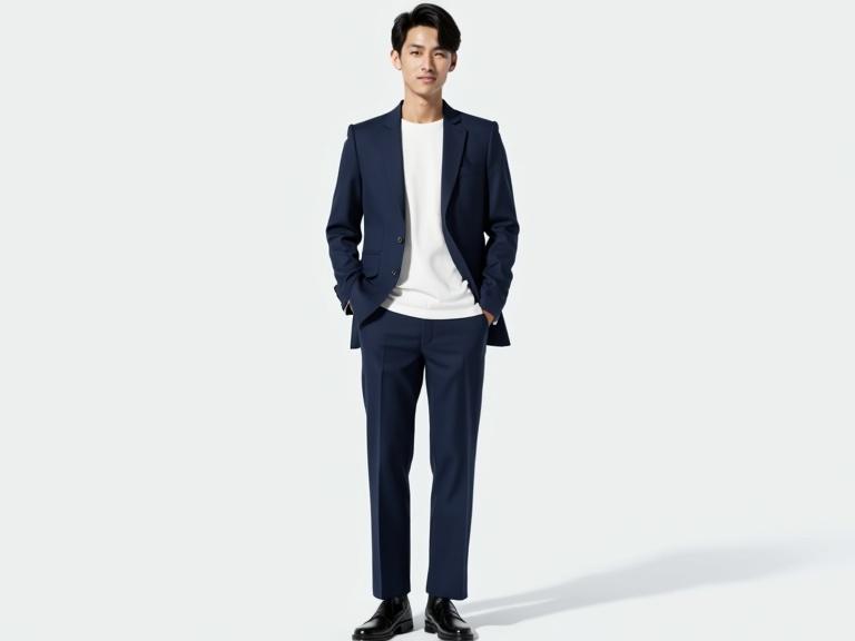 Photorealistic image of a tall stylish Japanese male model. Model appears between 20 and 25 years old. Dressed in a white Y-shirt navy blue suit and black leather shoes. Expression is a closed-mouth smile. Posed in a natural stance as if speaking to viewer against a transparent background. Illuminated with soft even lighting.