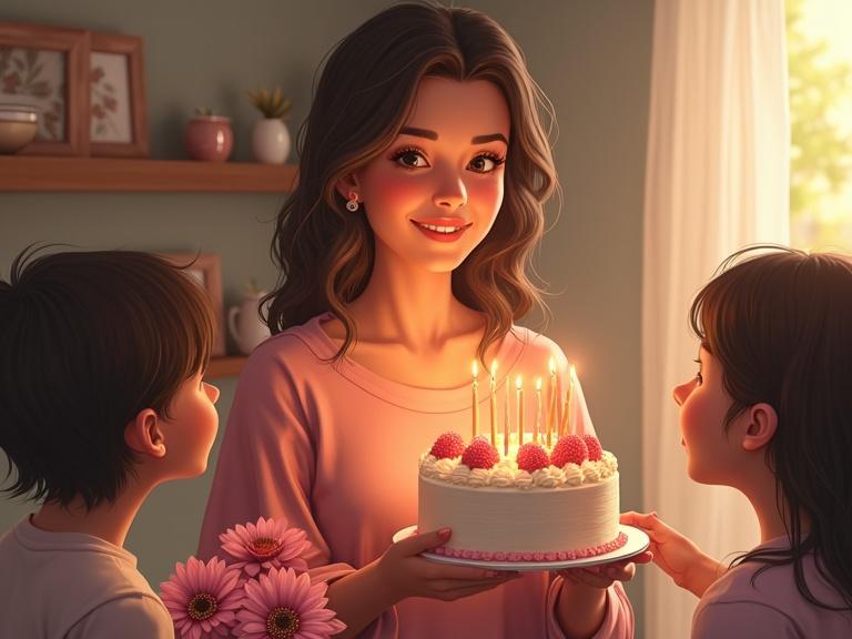 Mom smiles while holding a birthday cake with lit candles. Two children present flowers to her. The setting is a warm home with a cozy atmosphere.
