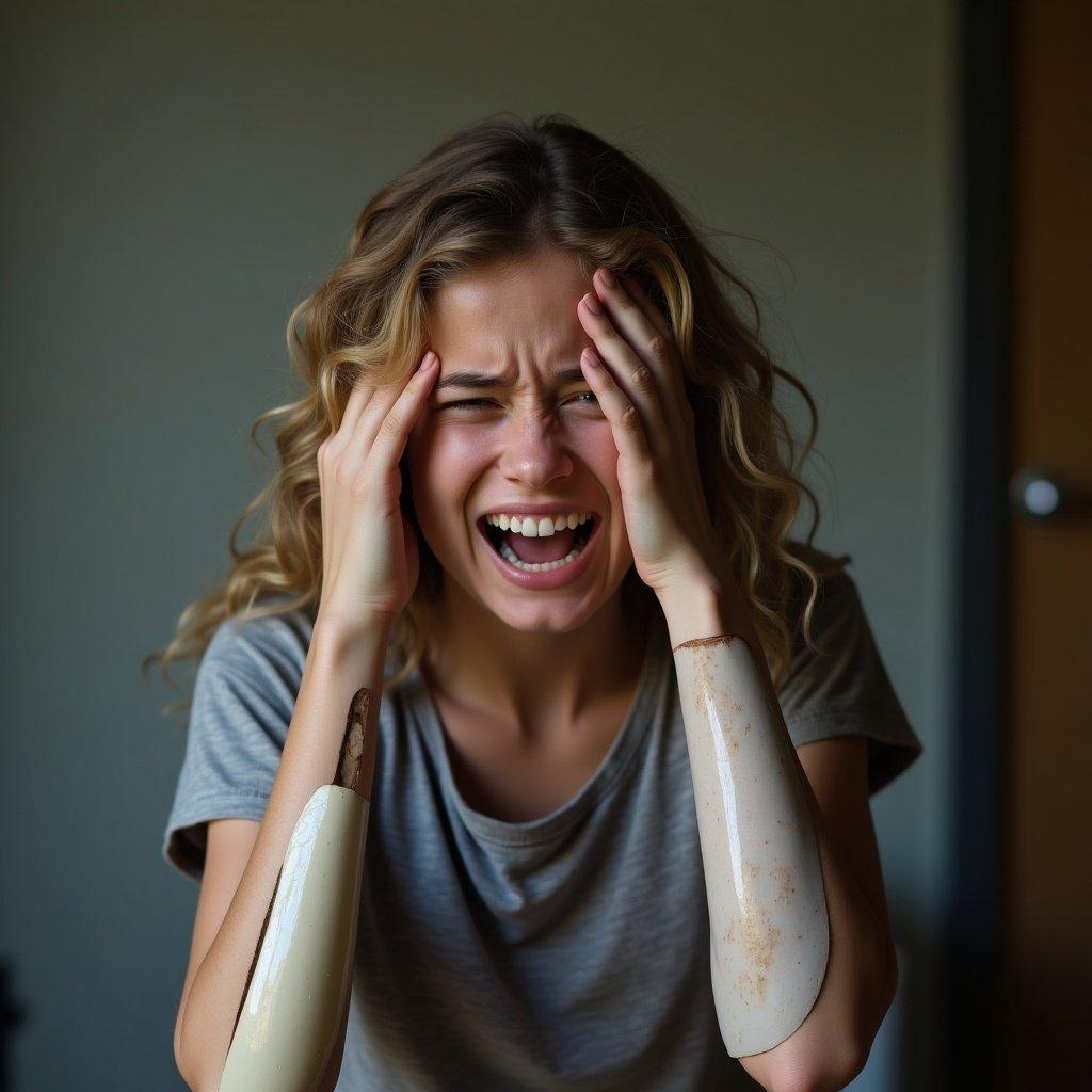 Teenage girl with double arm amputation expresses emotional struggle. She realizes arms won't return. Her face shows sadness. Sitting in a room with soft lighting.