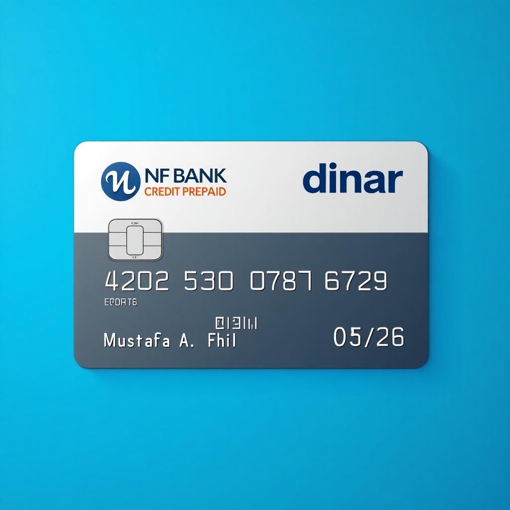 Realistic image of a credit card. Card displays Dinar logo and NF BANK Credit Prepaid prominently. Card number 4202 5320 0767 6729 is visible. Name Mustafa A. Fhil is aligned well. Expiry date 05/26 is noted. Clean appearance with a blue background.