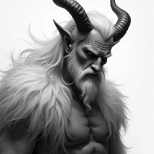 A drawing of a horned man, a demigod, half human, half beast with platinum hair appearing young and wearing fantasy clothing.