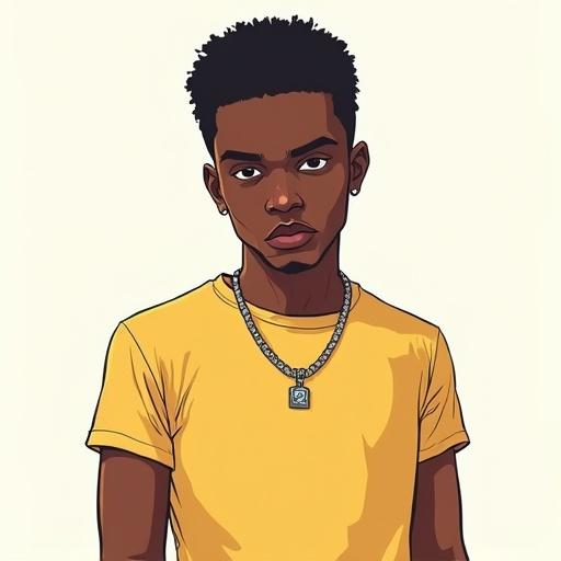 A black male character with full frontal view and directly facing camera. The character has a solid color t-shirt in yellow. There are no accessories or background. The style mimics Grand Theft Auto 3 digital art with flat vibrant colors and bold outlines.