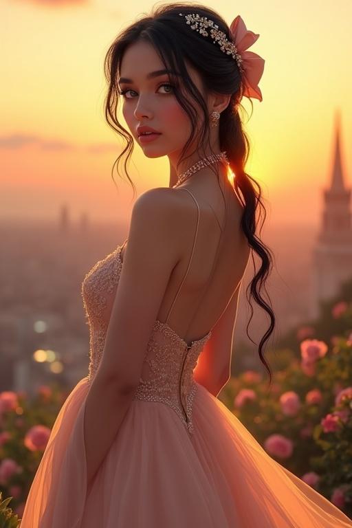Elegant dress for a sunset wedding, model with long black hair and light green eyes, adorned with a large bow and subtle jewelry. Dress features flowing skirt, sleeves, and chiffon material. Sunset in the background adds a romantic glow.