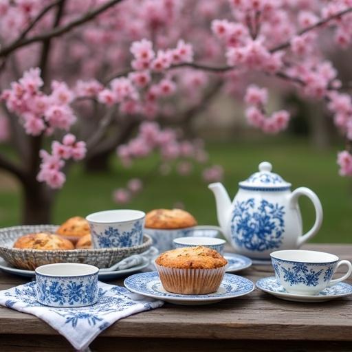 A charming outdoor setting with a rustic wooden table. The table is adorned with blue and white ceramic ware. Freshly baked muffins are placed on the table. Delicate pink cherry blossoms surround the scene. The setting is inviting and perfect for brunch or tea.