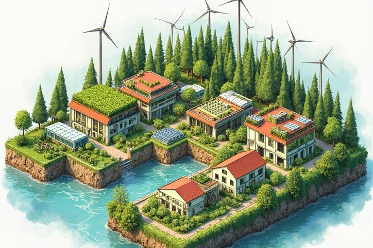 Isometric illustration depicts sustainable city integrated with nature. Includes vertical farms wind turbines solar panels. Shows circular food system livestock and greenhouses. Features natural water filtration and diverse housing styles. Watercolor style creates a harmonious scene. Lush walls demonstrate synergy between architecture and environment