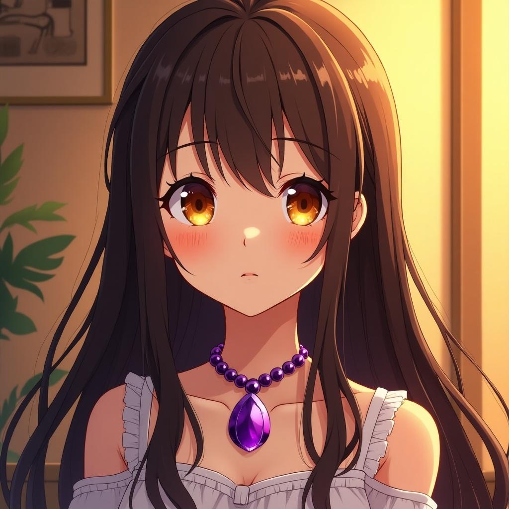 Rich color anime illustration of a girl with long brown hair and orange eyes. Girl wears a purple gemstone necklace. The atmosphere is enhanced by warm lighting.